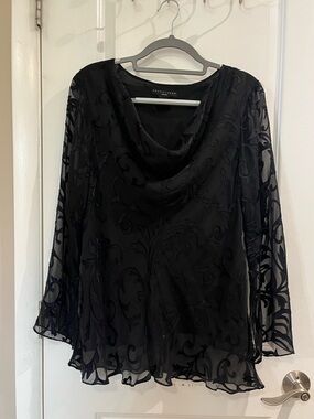 Apostrophe Silk Blend Sheer Overlay Blouse Cowl Neck Tulip Sleeve Black Sz 18W